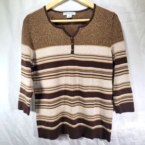 Liz Claiborne Gold Brown Cream V Neck 3/4 Sleeve Knit Sweater Top